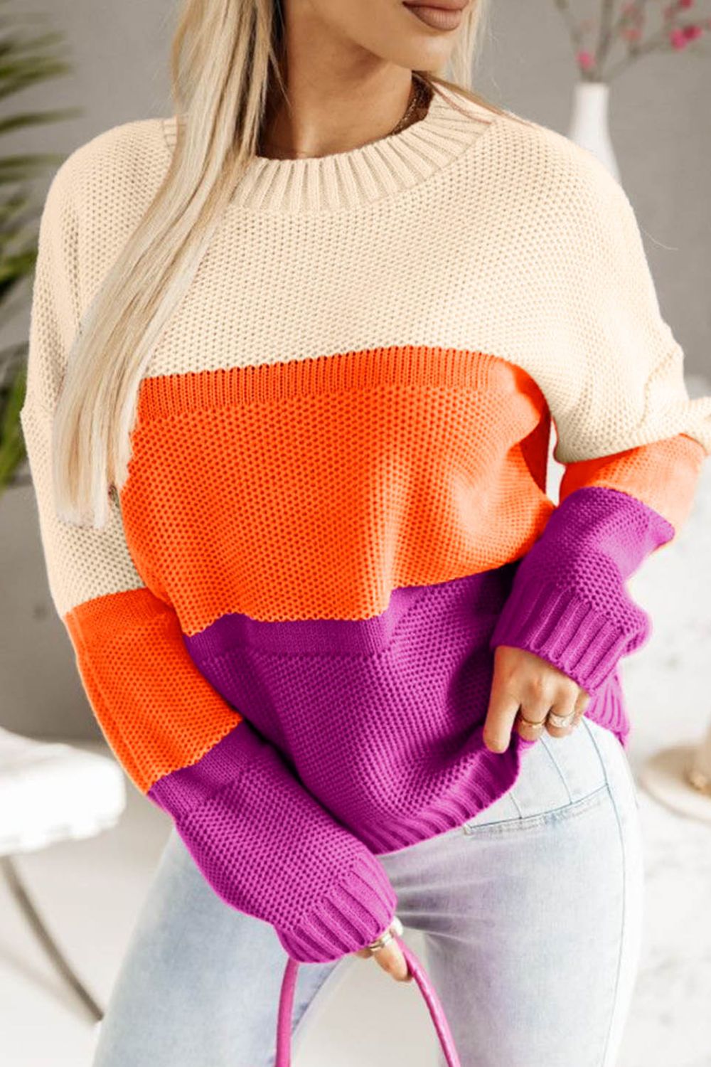 Color Block Drop Shoulder Round Neck Sweater 