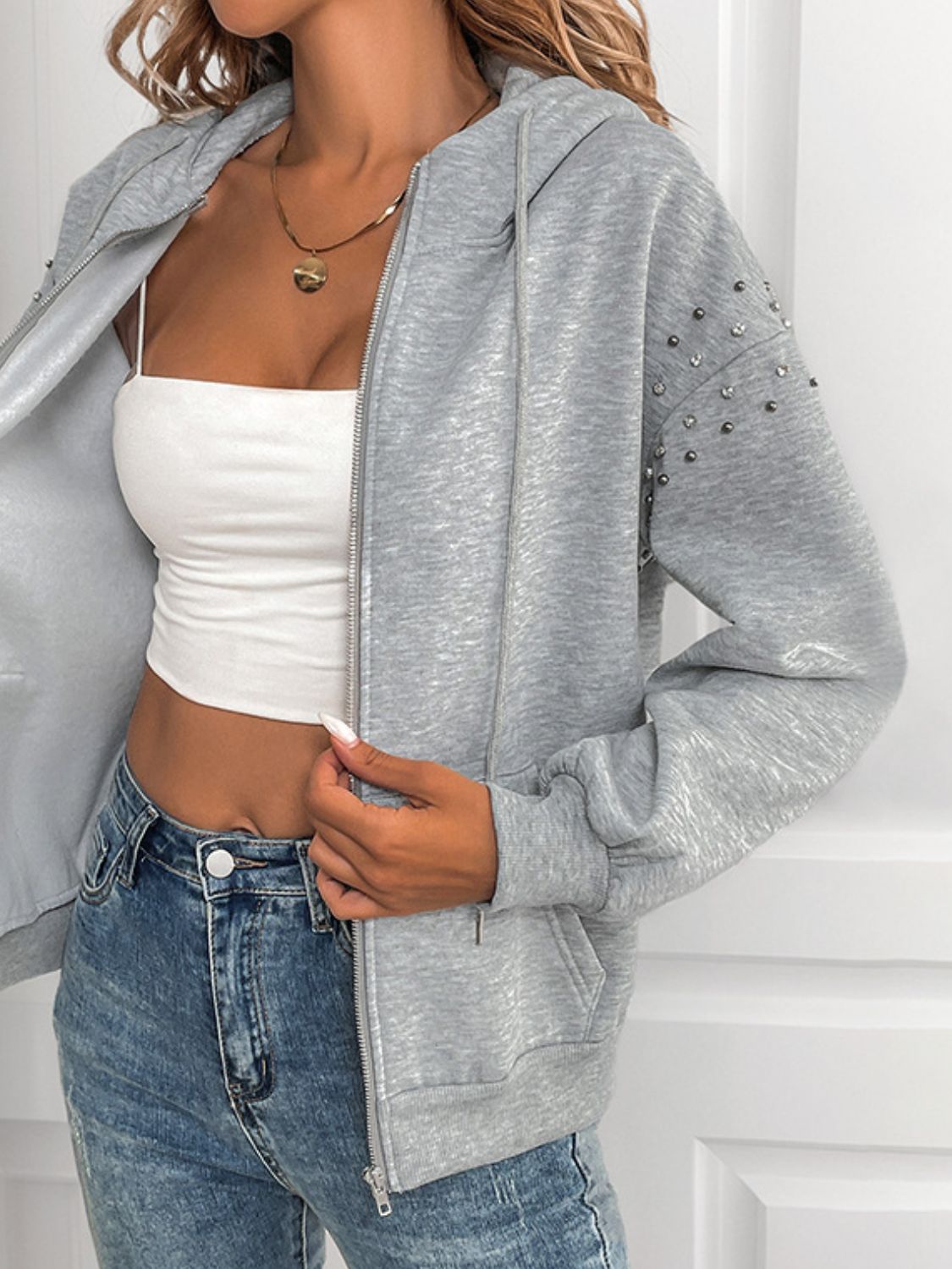Perfee Rhinestone Zip Up Long Sleeve Hoodie 