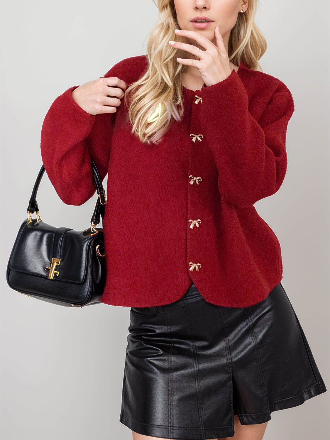 Bow Button Down Round Neck Long Sleeve Cardigan 