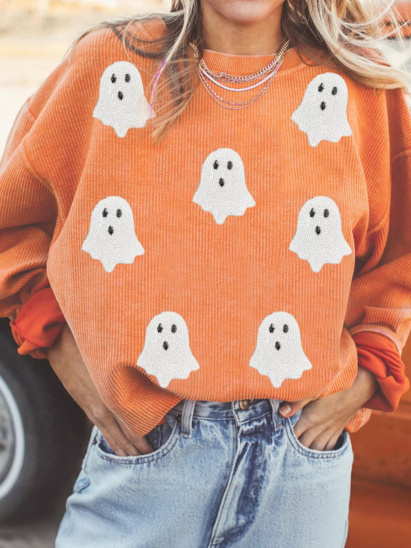 Halloween Ghost Sequin Patched Twisted Ribbed Texture Sweatshirt 