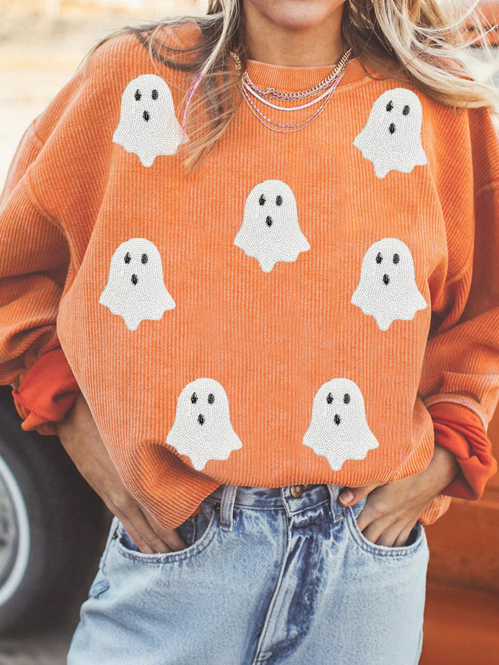 Halloween Ghost Sequin Patched Twisted Ribbed Texture Sweatshirt 