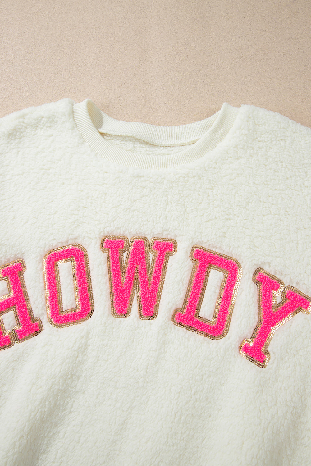 HOWDY Patched Round Neck Sherpa Sweatshirt 