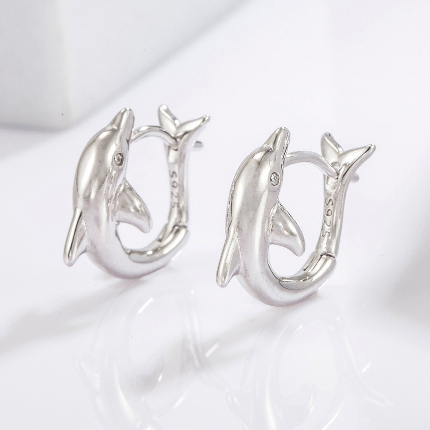 925 Sterling Silver Zircon Dolphin Earrings 