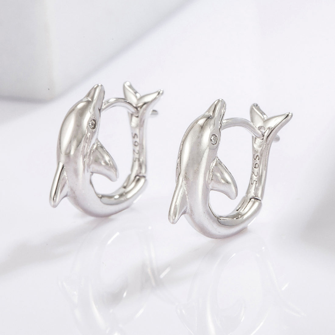 925 Sterling Silver Zircon Dolphin Earrings 