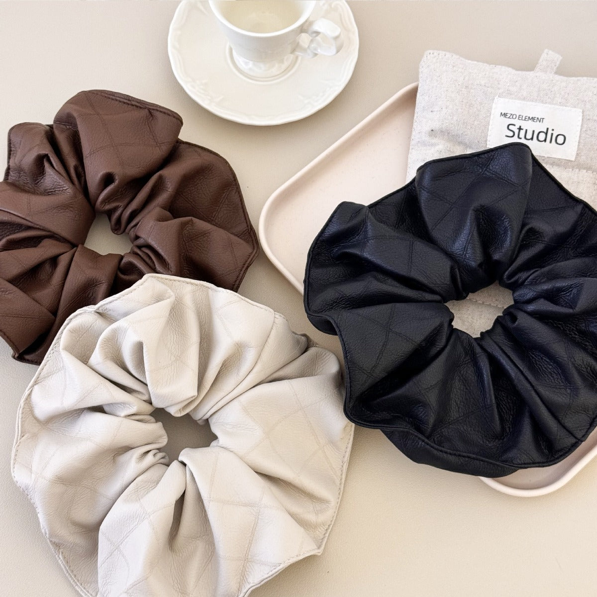 3-Piece PU Leather Elastic Hair Scrunchy 