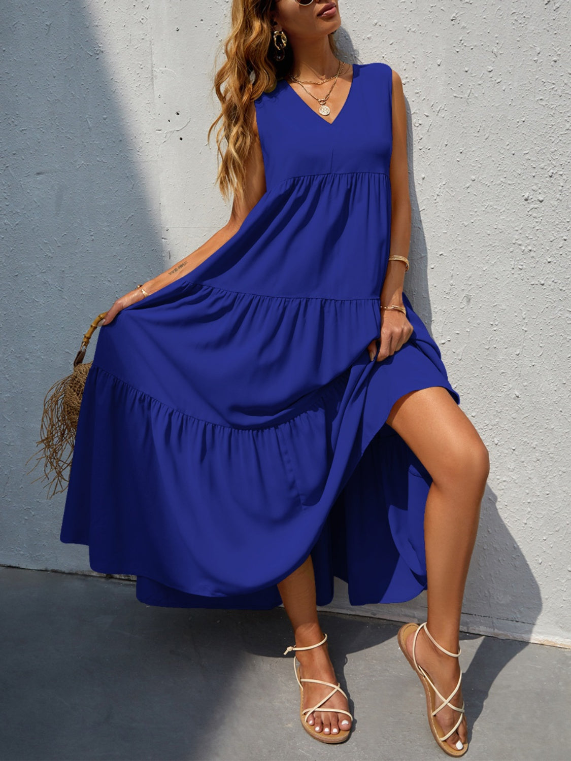 FAM-FAM Tiered V-Neck Sleeveless Dress 
