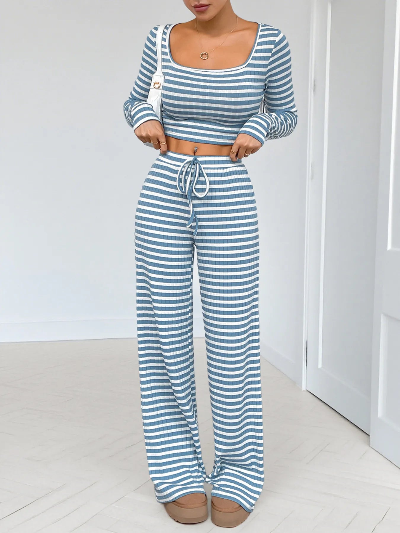 Striped Square Neck Long Sleeve Top and Pants Lounge Set Lingerie & Nightwear
