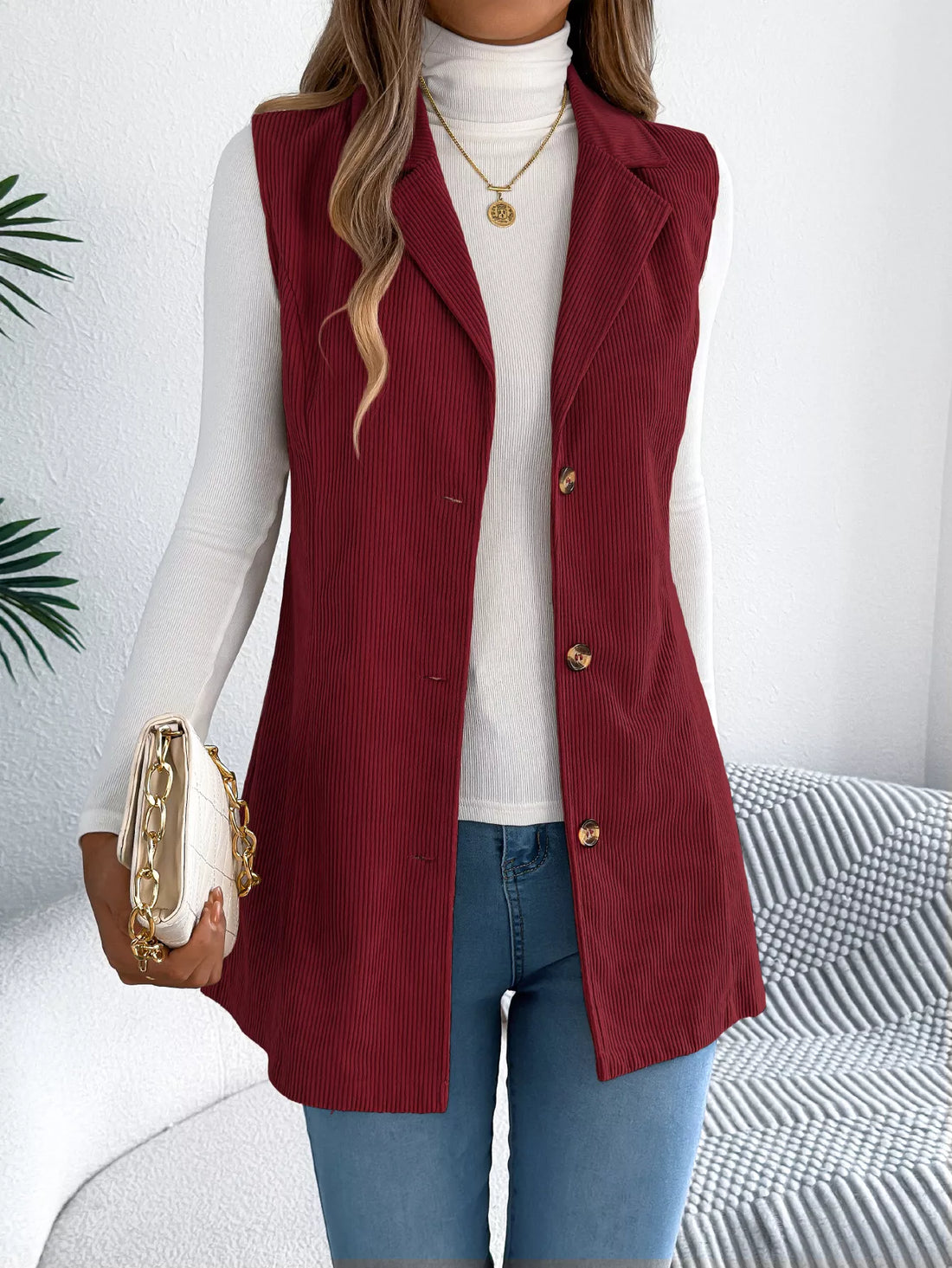 Button-Front Longline Vest Coat 
