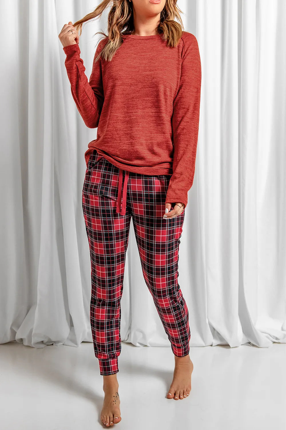 Round Neck Top and Drawstring Plaid Pants Lounge Set Lingerie & Nightwear