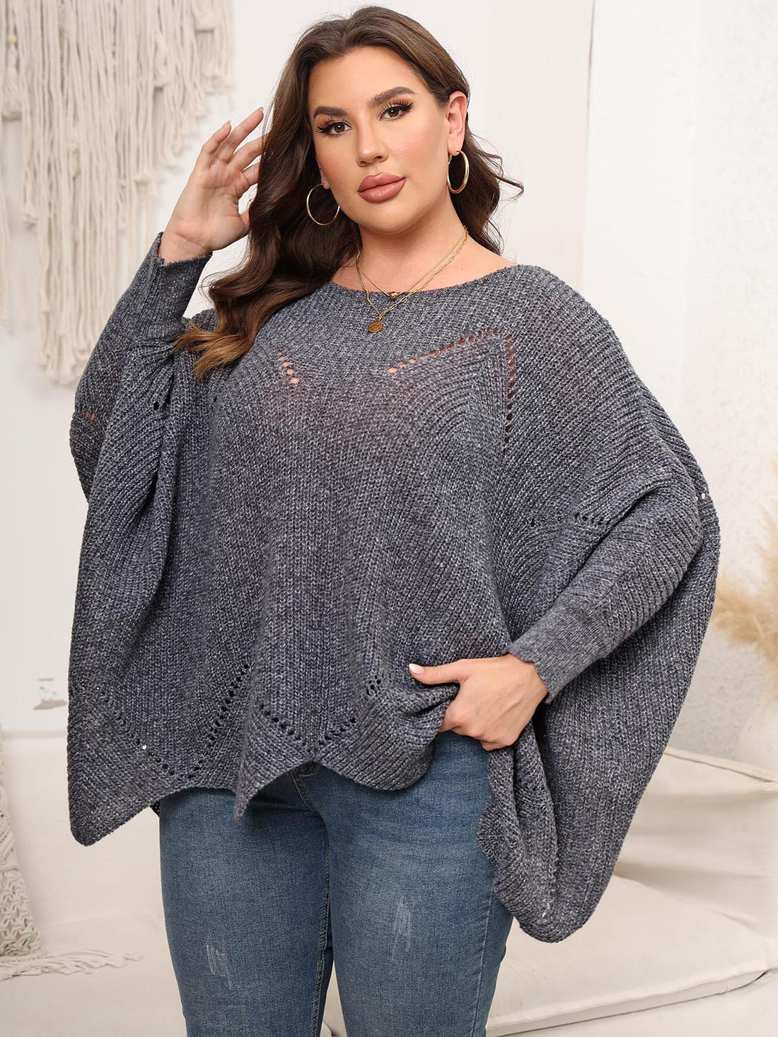 Plus Size Round Neck Batwing Sleeve Sweater 