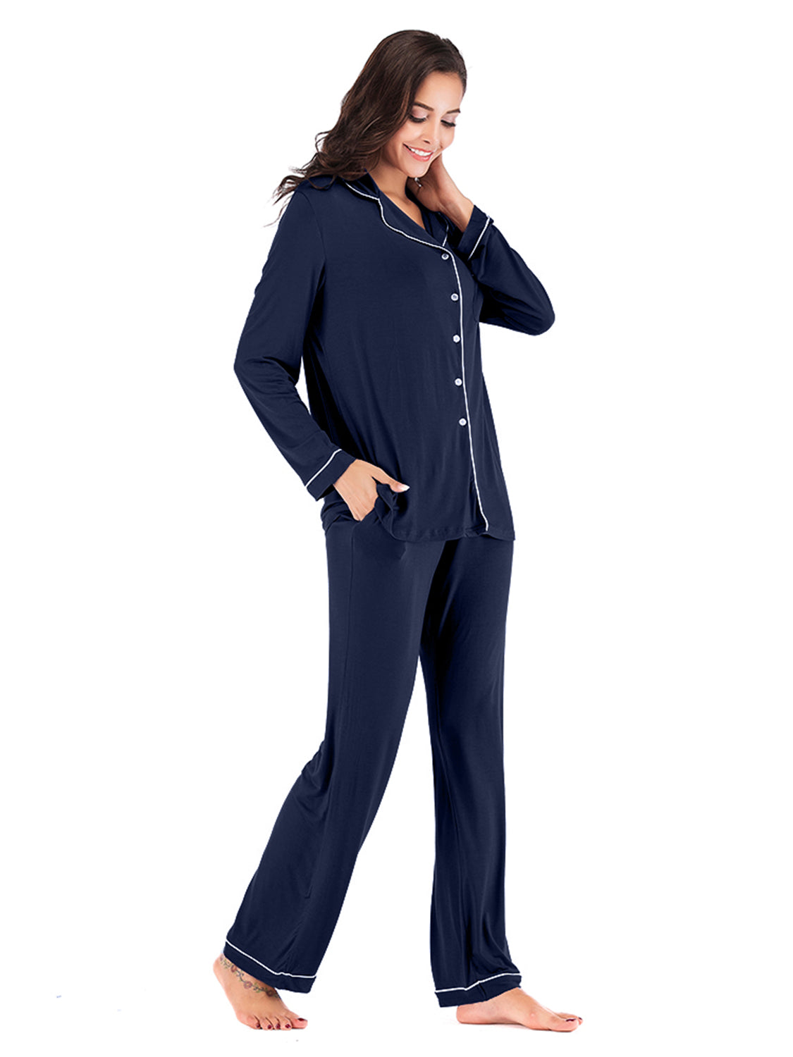 Collared Neck Long Sleeve Loungewear Set with Pockets Lingerie & Nightwear