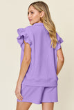 Double Take Full Size Texture Flounce Sleeve Top and Drawstring Shorts Set 