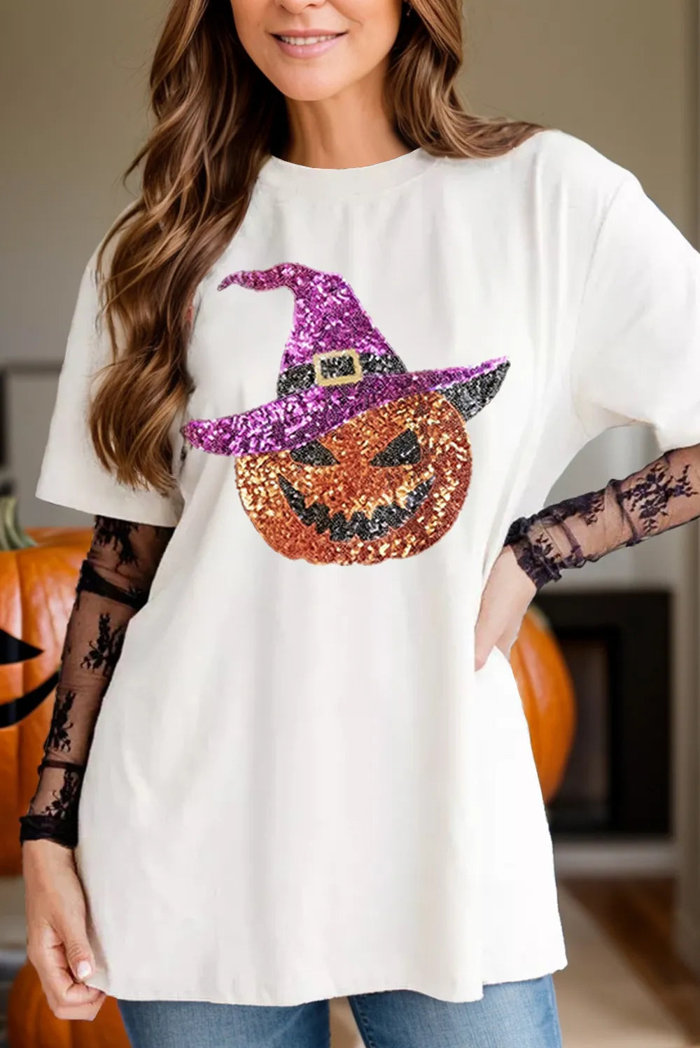 Sequin Pumpkin Round Neck Short Sleeve T-Shirt 