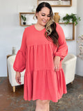 Double Take Full Size V-Neck Balloon Sleeve Tiered Dress with Pockets 