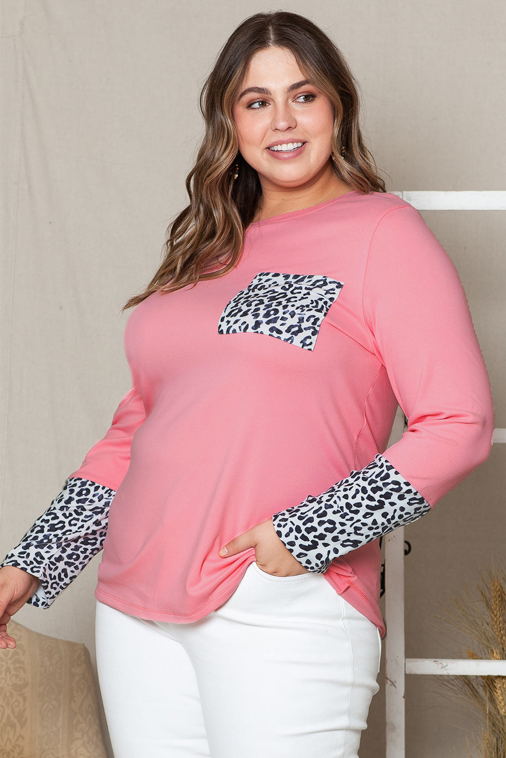 Plus Size Leopard Round Neck Long Sleeve T-Shirt 