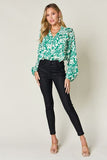 Double Take Full Size Printed Ruffle Trim Balloon Sleeve Shirt 