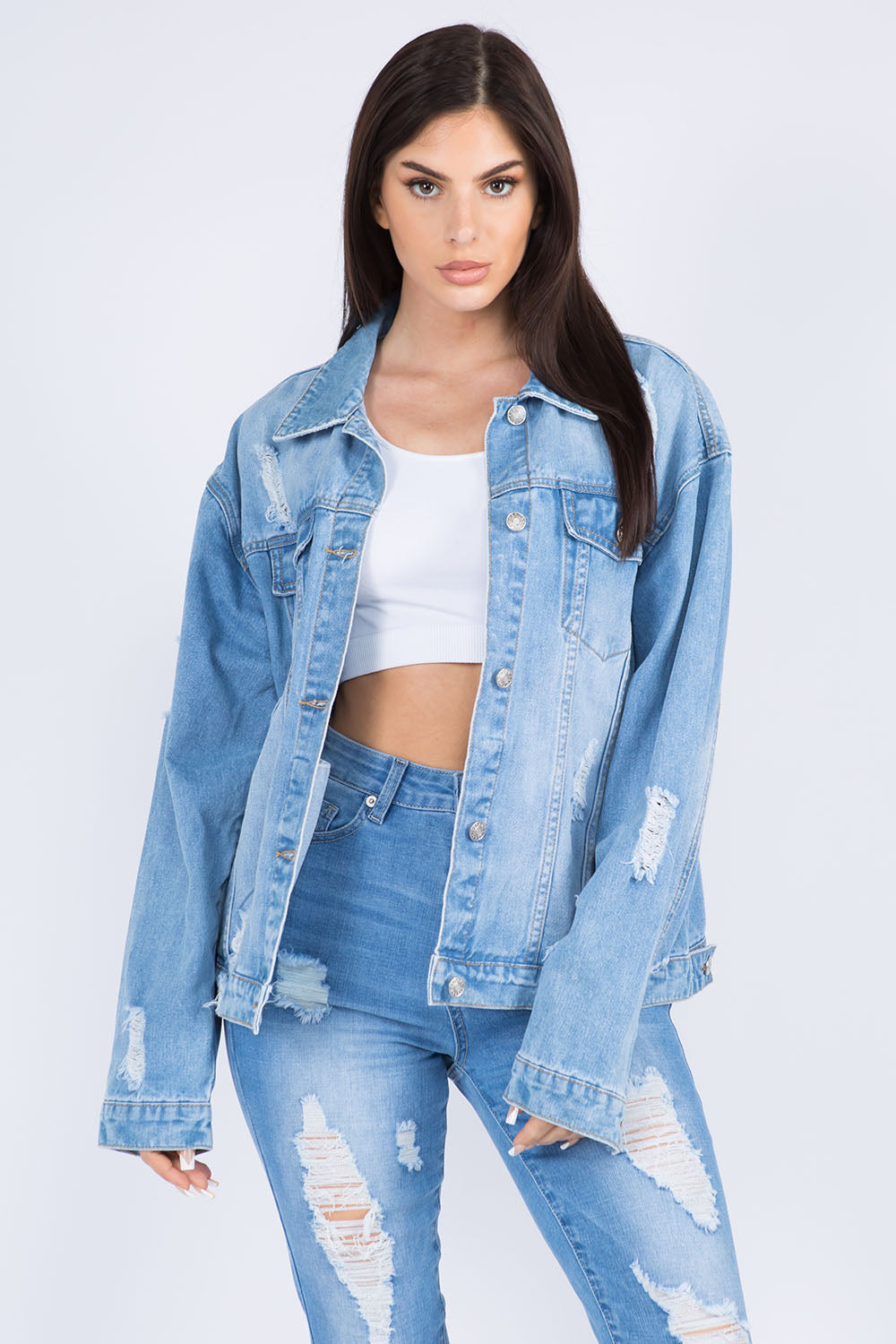 American Bazi Full Size Painted Back Distressed Denim Jacket 