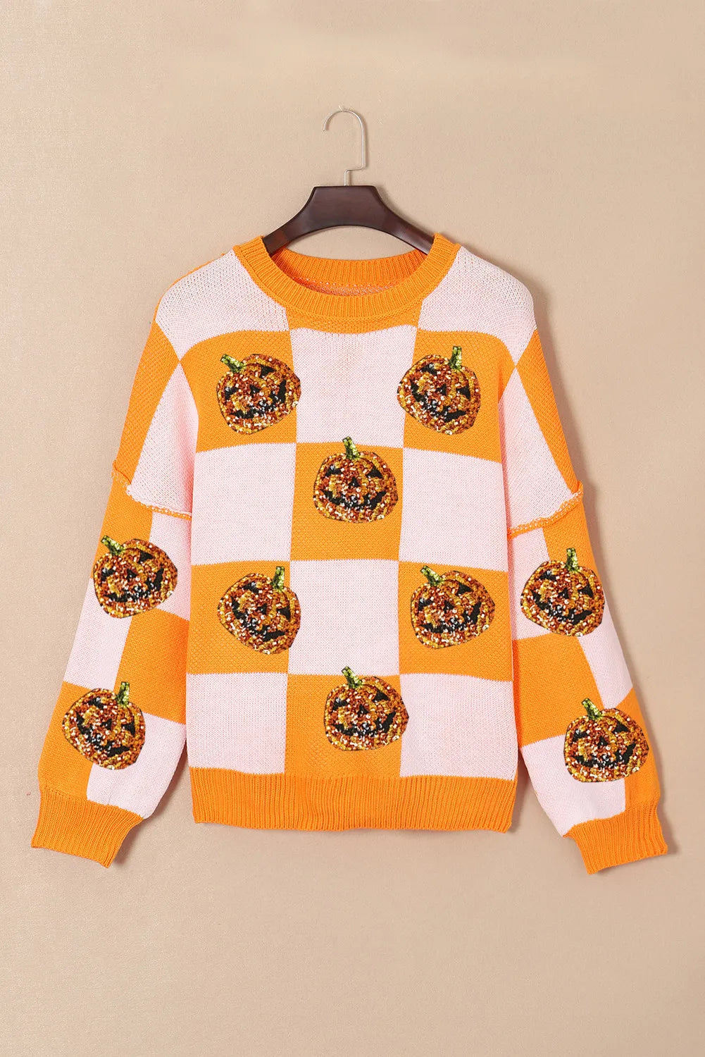 Pumpkin Checkered Round Neck Long Sleeve Sweater 