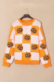 Pumpkin Checkered Round Neck Long Sleeve Sweater 