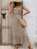 Perfee Printed V-Neck Tie Waist Midi Dress 