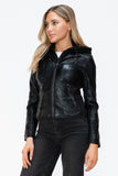 Snobbish Faux Leather Zip Up Drawstring Hooded Jacket 