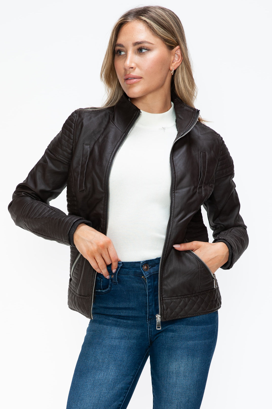 YMI Faux Layered Double-Zipper Jacket with Fuzzy Hood 