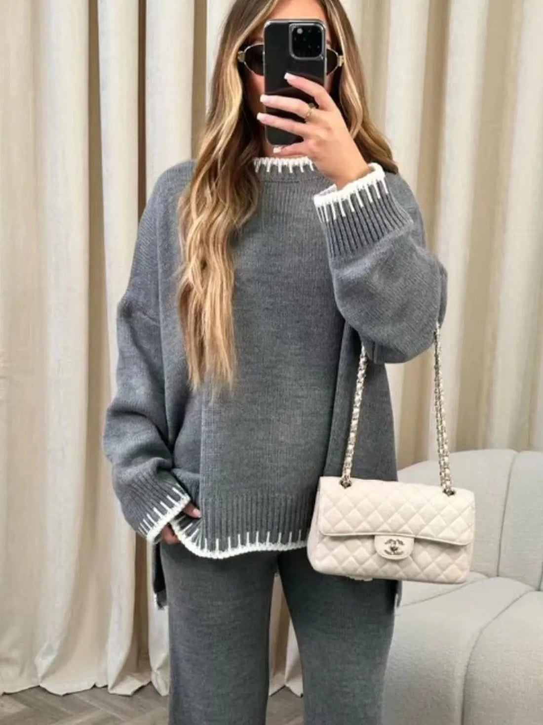 Contrast Trim Round Neck Top and Pants Sweater Set Two Piece Dresses