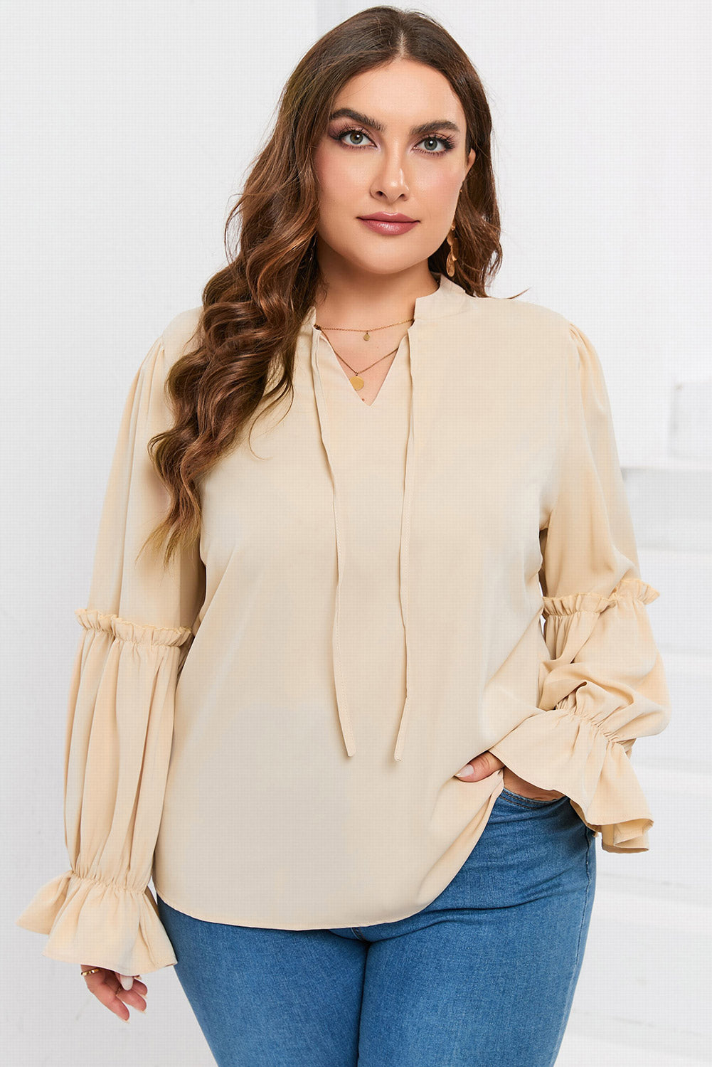Plus Size Ruffled Tie Neck Flounce Sleeve Blouse 