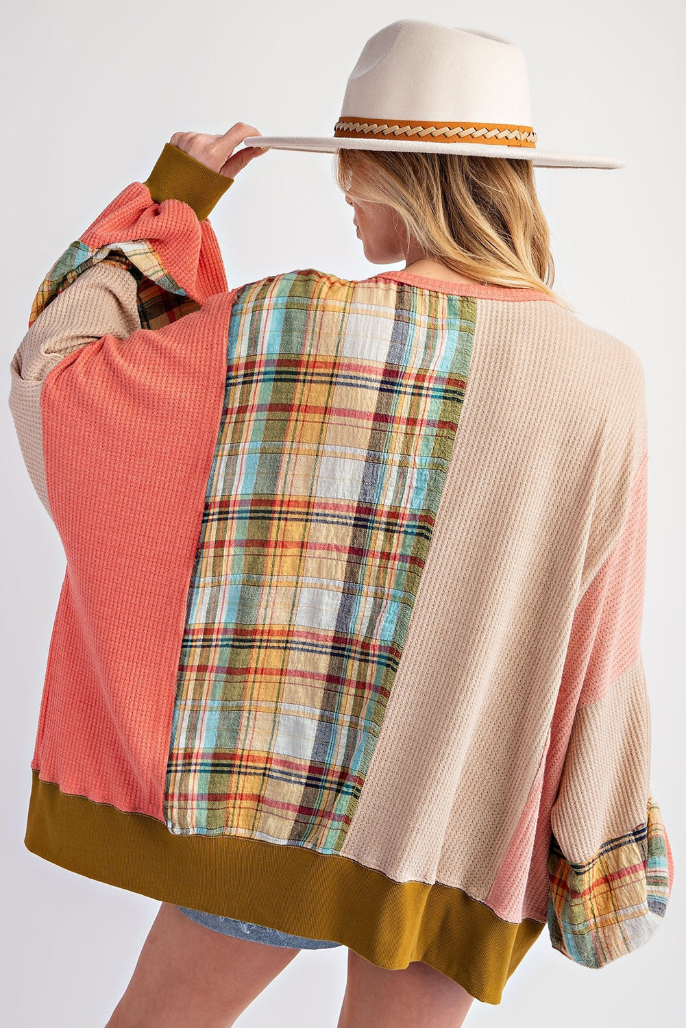 Multicolour Waffle Knit Plaid Patchwork Side Slits Loose Sweatshirt Tops/Sweatshirts & Hoodies