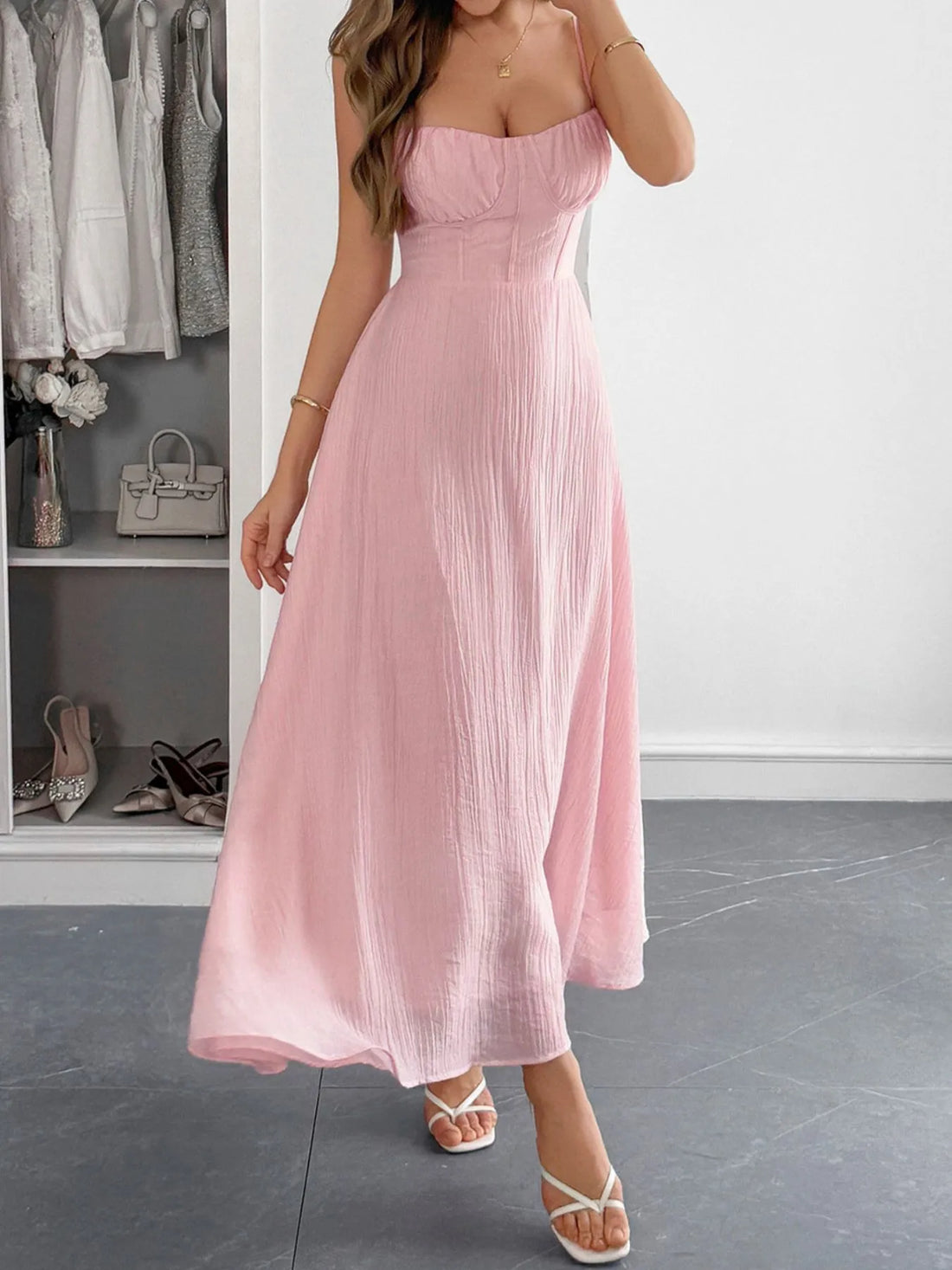 Texture Sweetheart Neck Backless Cami Dress 