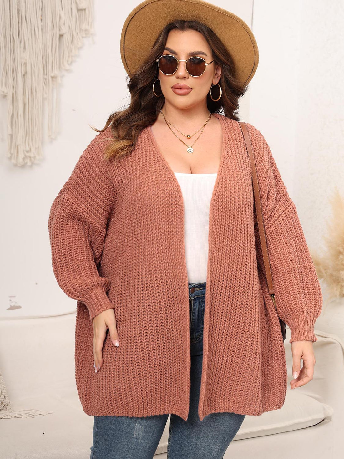 Plus Size Open Front Dropped Shoulder Knit Cardigan 