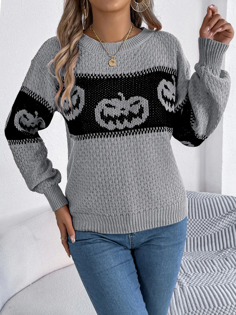 Pumpkin Round Neck Long Sleeve Sweater 