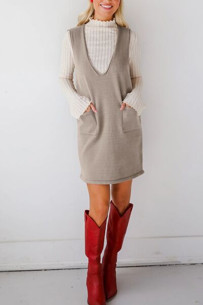 Lovelet Pocketed V-Neck Mini Sweater Overall Dress Dresses