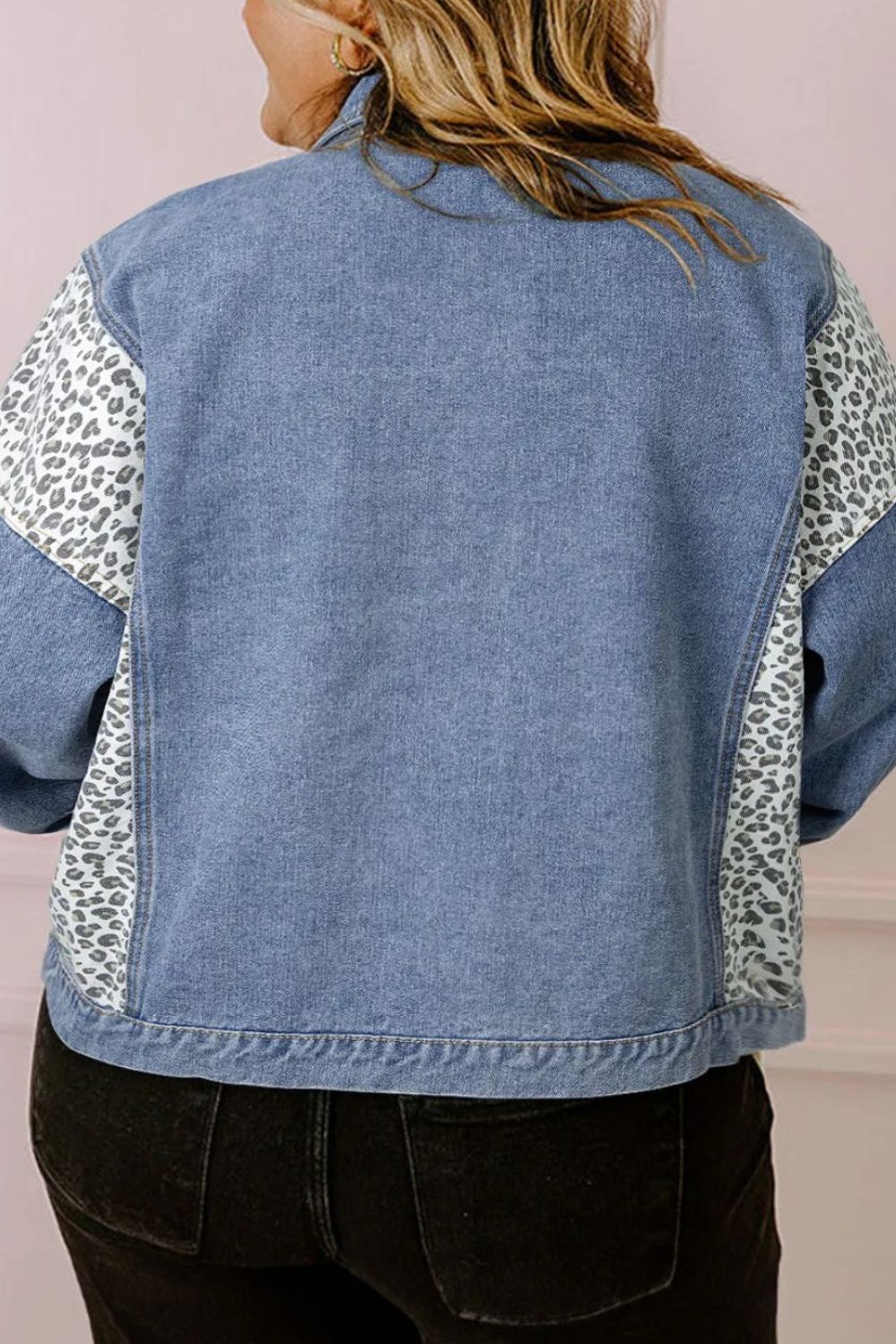 Plus Size Leopard Long Sleeve Denim Jacket 