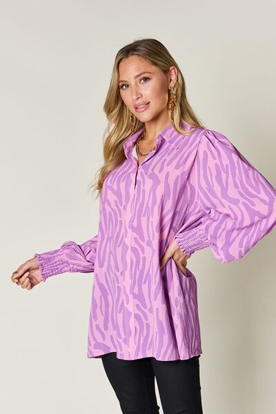 Double Take Full Size Printed Smocked Long Sleeve Blouse 