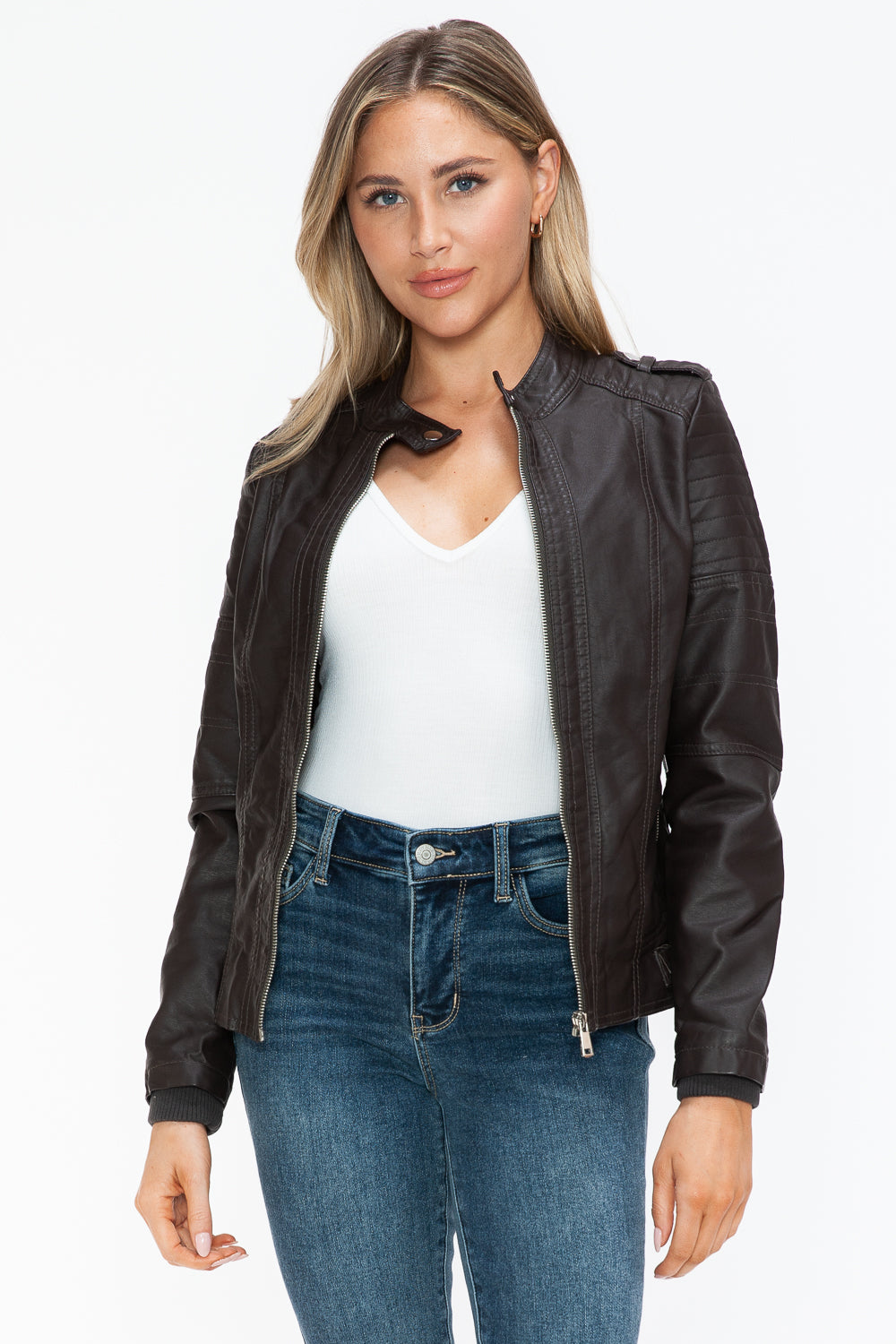 Snobbish PU Leather Biker Jacket with Side Zip Pockets 