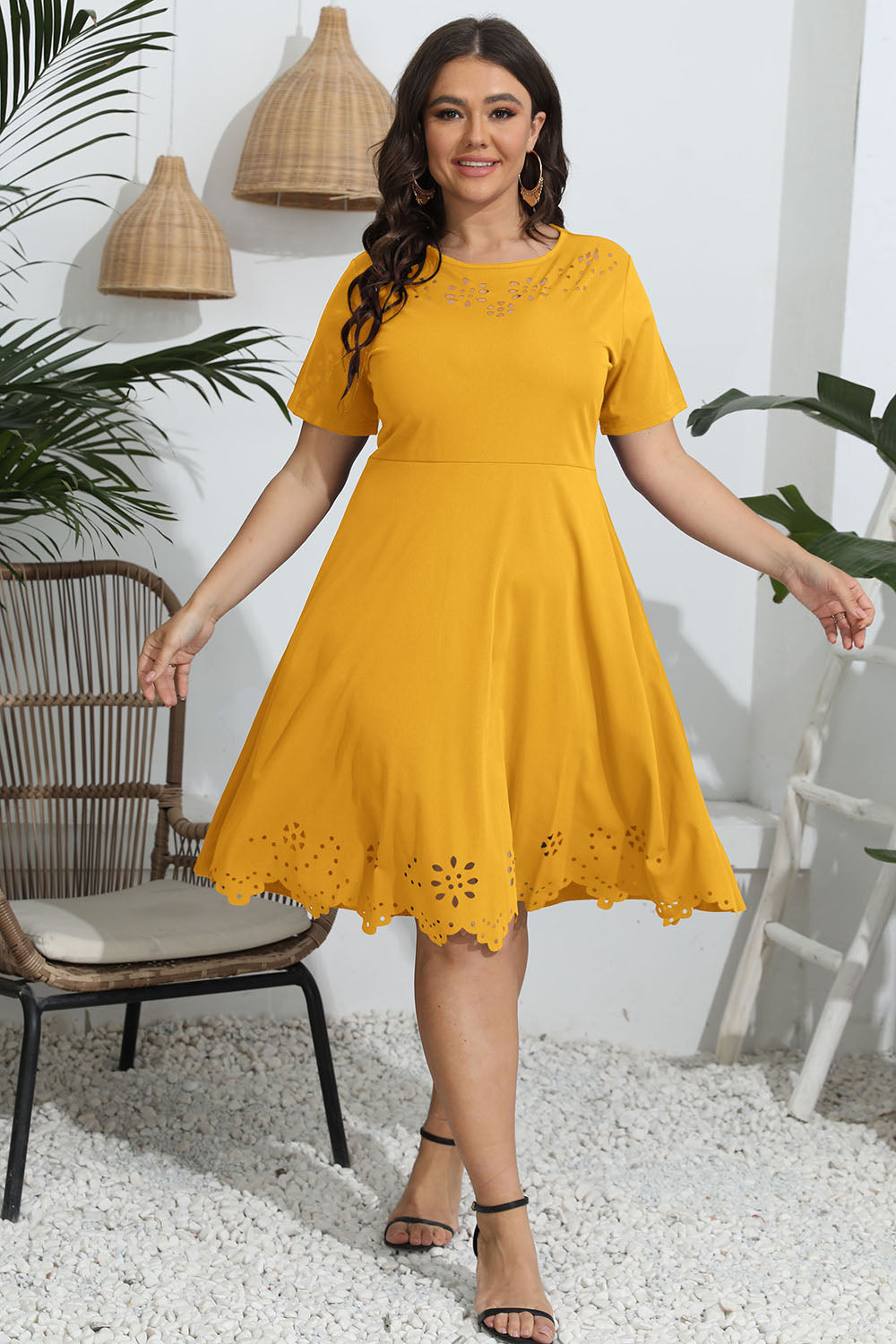 Plus Size Round Neck Openwork Dress 