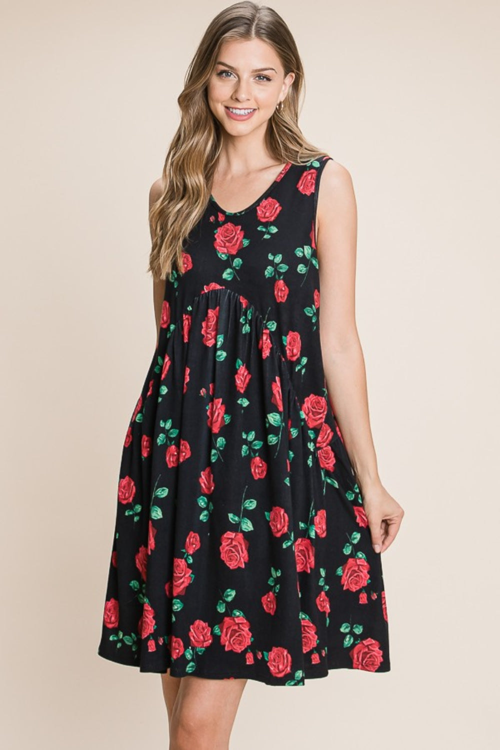 BOMBOM Floral Ruched Tank Dress 