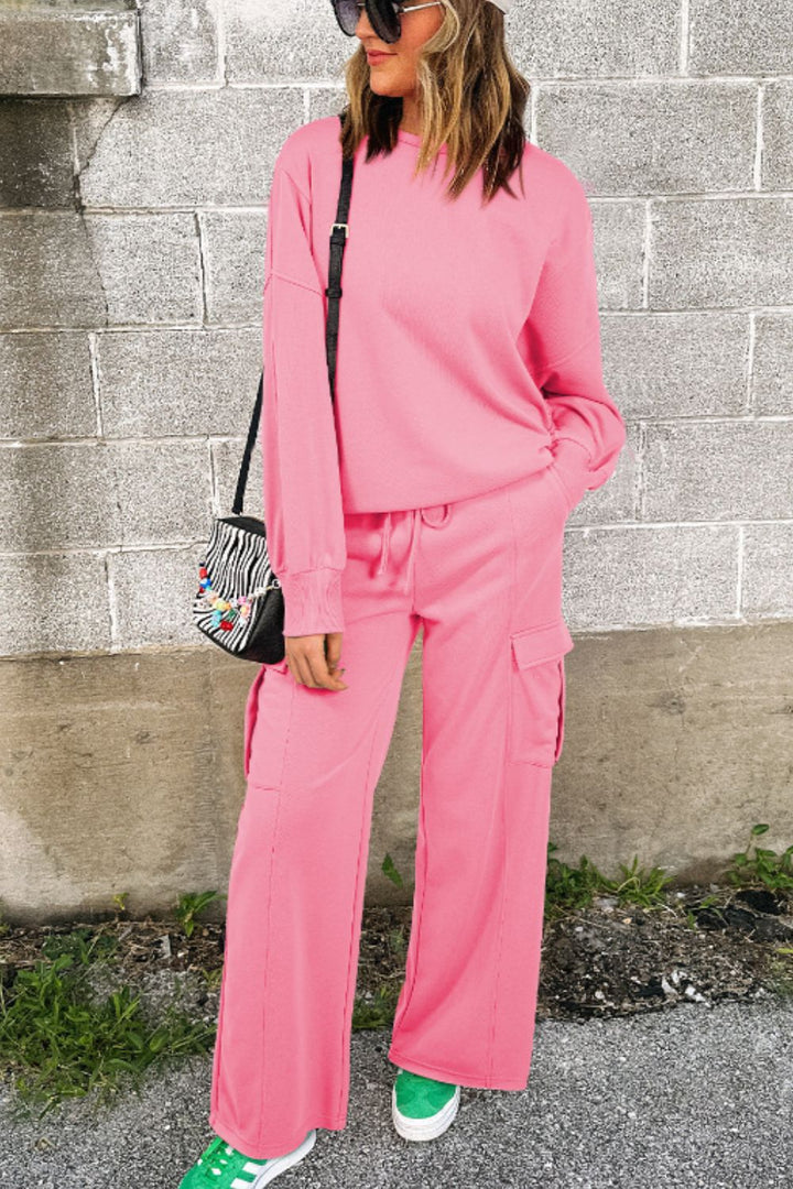 Full Size Round Neck Long Sleeve Top and Drawstring Pants Set 