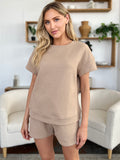 Double Take Full Size Texture Short Sleeve T-Shirt and Drawstring Shorts Set 