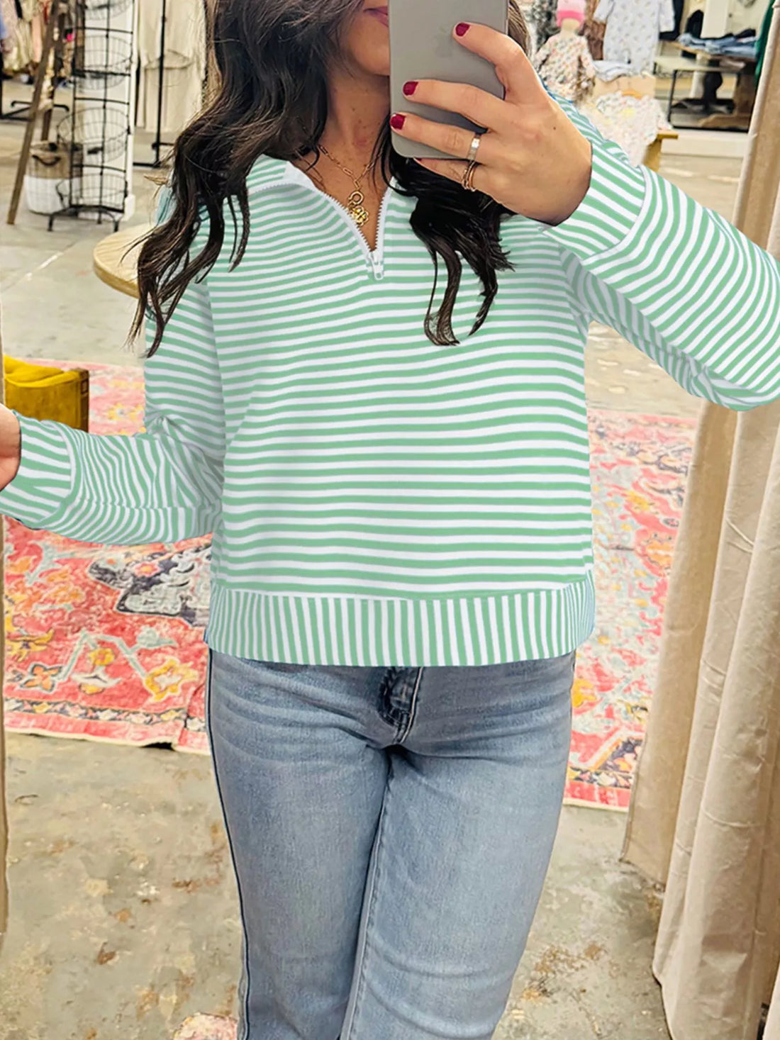 Stripe Quarter Zip Collar Long Sleeve Top 