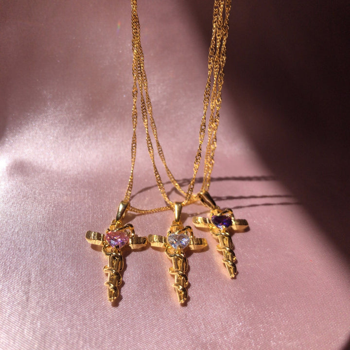 Copper Zircon Cross Pendant Necklace 