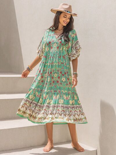 Ruched Printed Puff Sleeve Midi Dress Dresses
