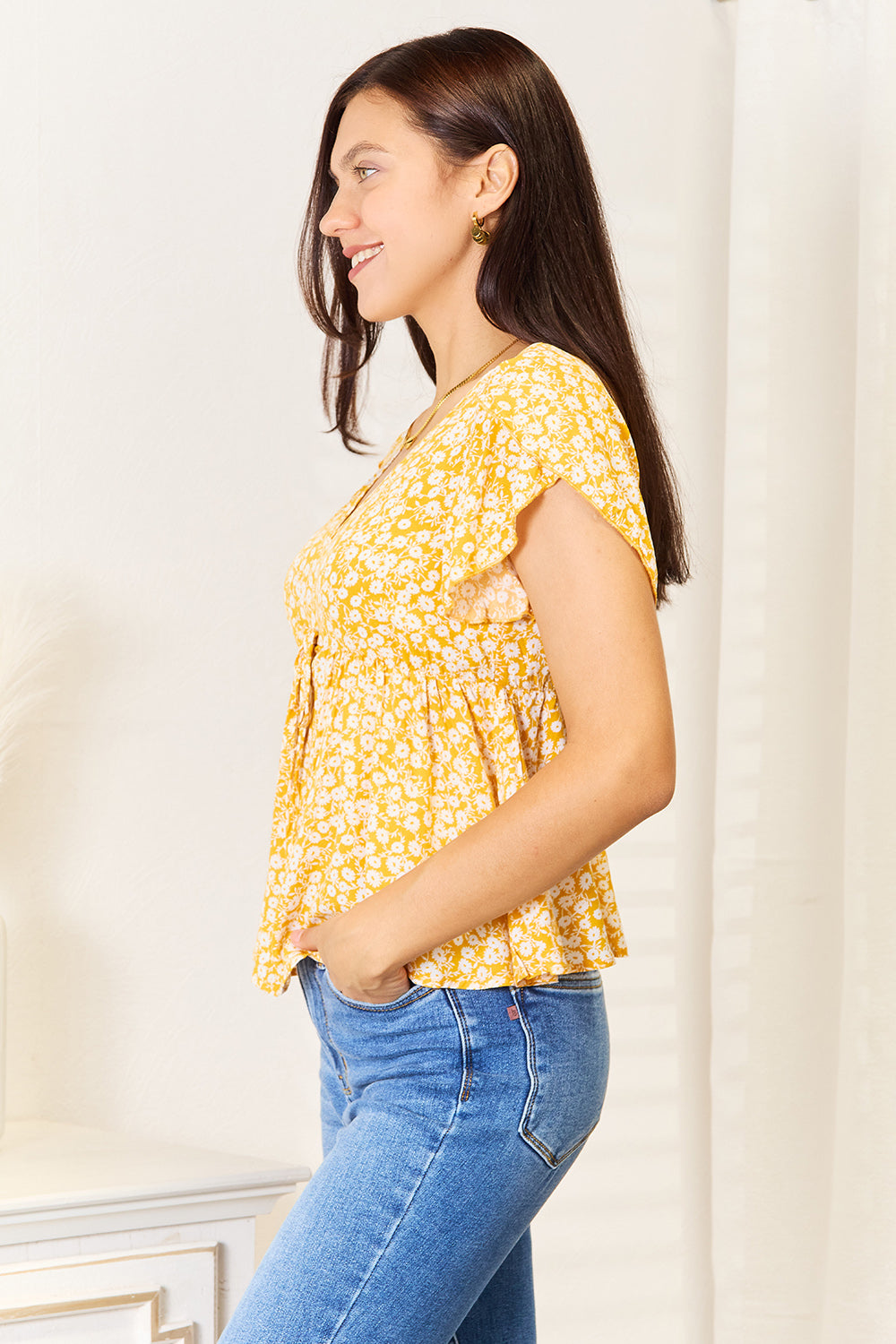 Floral Petal Sleeve Babydoll Top 