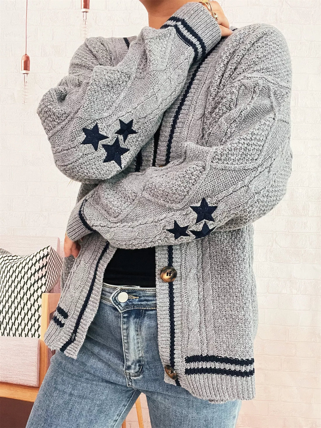 Star Pattern Button-Up Cardigan with Contrast Trim 