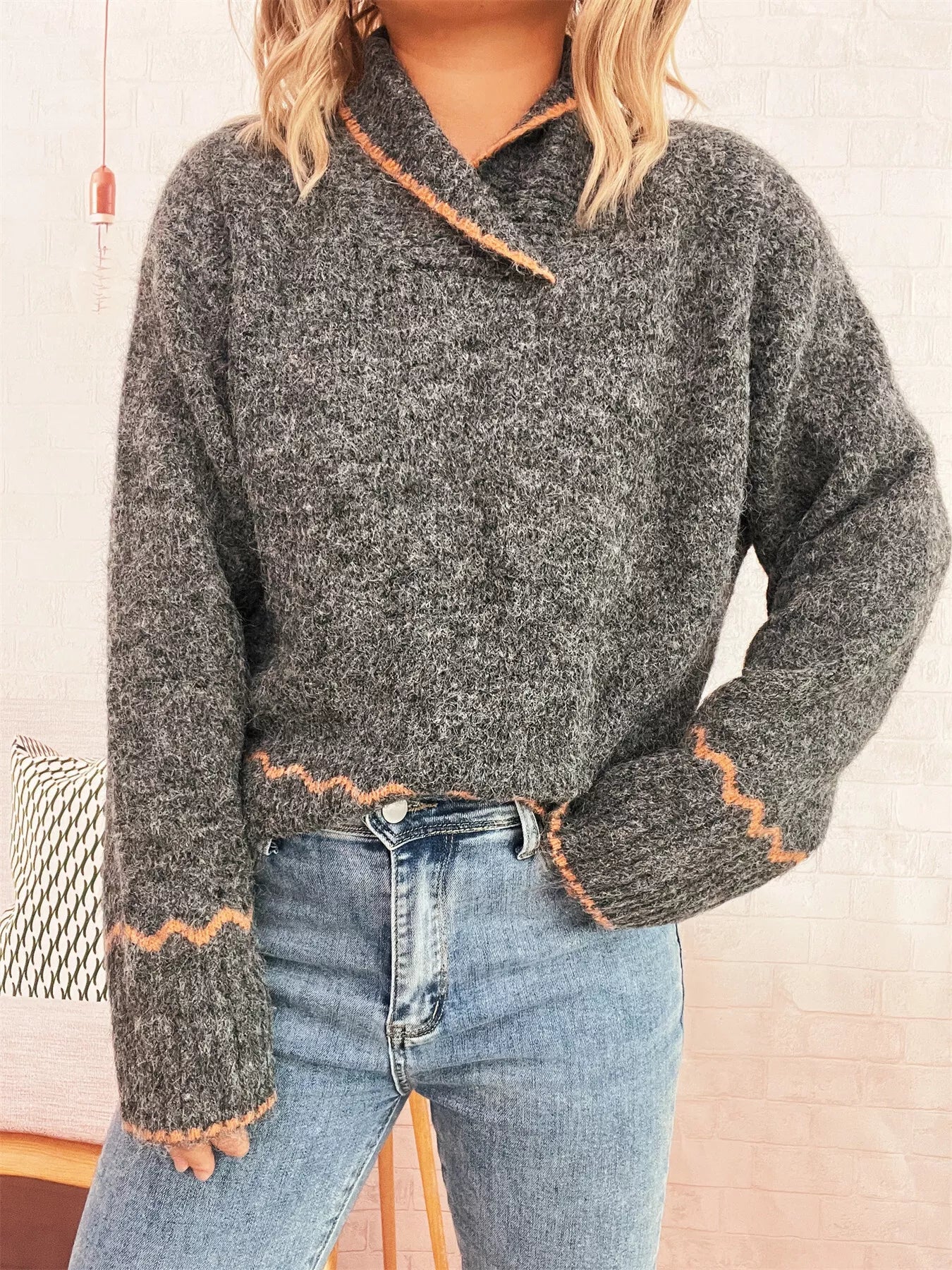 Ribbed Contrast Trim Long Sleeve Sweater 