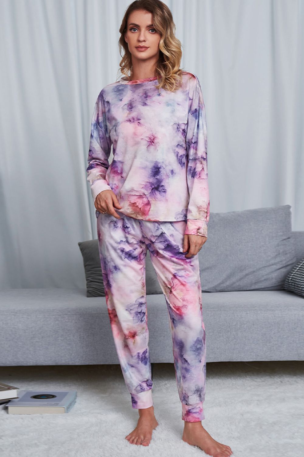 Shiny Tie-Dye Crewneck Top and Drawstring Waist Joggers Lounge Set Lingerie & Nightwear