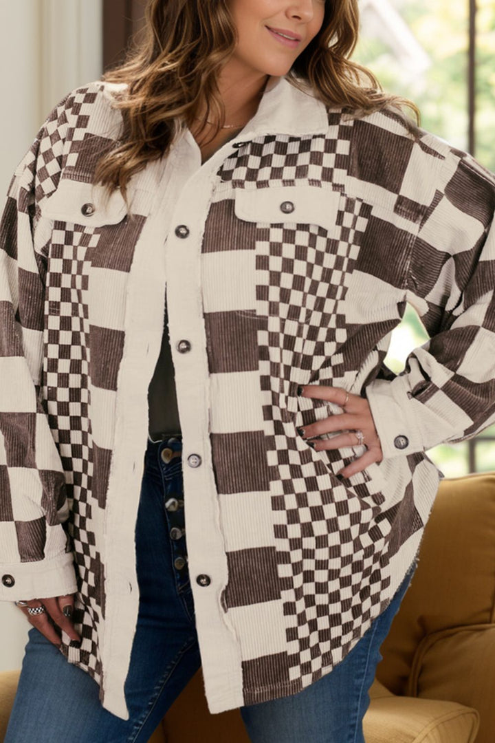 Plus Size Checkered Button Up Long Sleeve Jacket 