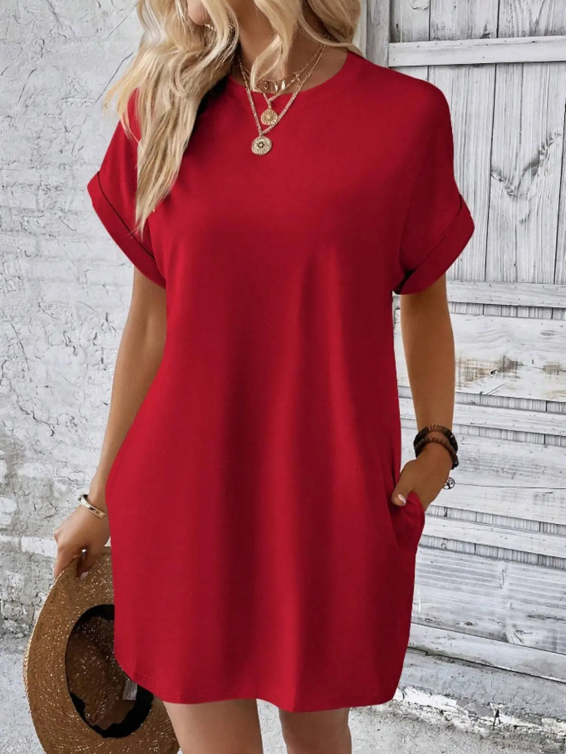 Pocketed Round Neck Short Sleeve Dress 
