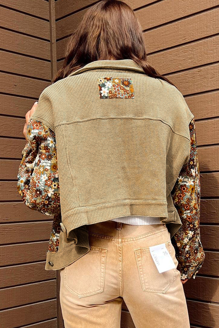 Khaki Waffle Knit Floral Print Patchwork Button up Jacket Outerwear/Jackets